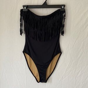 Downeast Swim Black Fringe Halter One-Piece Swimsuit Size L